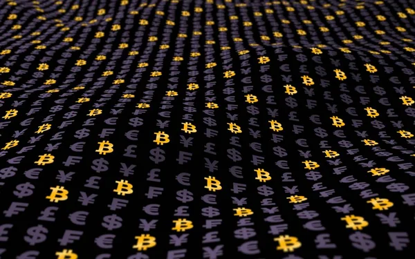 Bitcoin Och Valuta Mörk Bakgrund Digital Kryptosymbol Vågeffekt Marknadsfluktuationer Affärsidé — Stockfoto