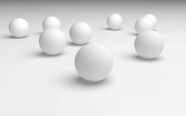 Beyaz soyut arka plan. Beyaz toplar beyaz arka planda izole edilmiş. 3B illüstrasyon