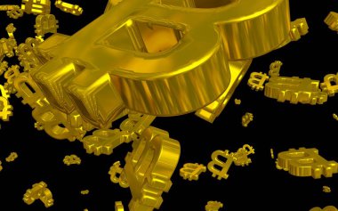 Karanlık bir arka planda dijital para birimi sembolü Bitcoin. Bitcoin düşüşü. Sanal ekranda kripto para birimi grafiği. İş, finans ve teknoloji kavramı. 3B illüstrasyon