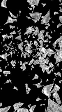 Dolar banknotlar uçan koyu arka plan üzerinde izole. Para havada uçuyor. 100 ABD banknotlar yeni örnek. Siyah ve beyaz tarzı. 3D çizim