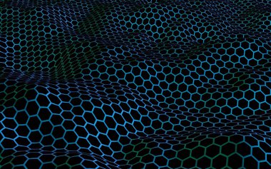 Petek mavi dalga etkisi koyu bir arka plan üzerinde. Çokgen in perspektif görünümü petek gibi görünüyor. Biyometrik geometri. 3d illüstrasyon