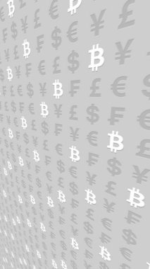 Gri arka planda Bitcoin ve para birimi. Dijital kripto para birimi sembolü. İş konsepti. Piyasa görüntüsü. 3B illüstrasyon