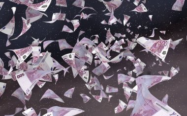 Uzay yıldızlı arka planda euro banknotları uçurmak. Uzayda para uçuyor. 500 EURO renkli. 3B illüstrasyon