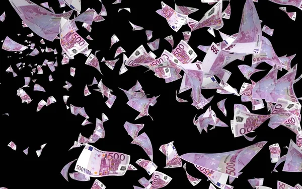 Uçan euro banknotlar karanlık bir arka plan üzerinde izole. Havada para uçuşuyor. 500 Euro renkli. 3d illüstrasyon