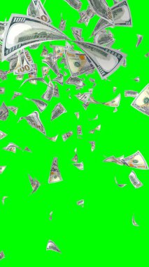 Kromakeyle izole edilmiş uçan dolar banknotları. Havada para uçuyor. 100 Amerikan doları yeni numune alıyor. Dikey oryantasyon. 3B illüstrasyon