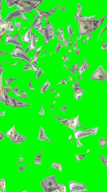 Kromakeyle izole edilmiş uçan dolar banknotları. Havada para uçuyor. 100 Amerikan doları yeni numune alıyor. Dikey oryantasyon. 3B illüstrasyon