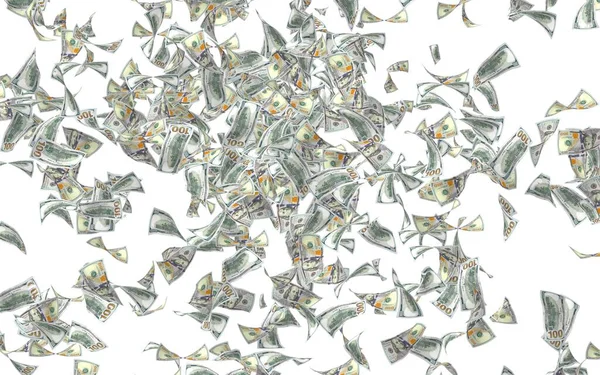 白い背景に孤立したドル紙幣を飛んでいます お金が空を飛んでいる 100米国の銀行券の新しいサンプル 3Dイラスト — ストック写真