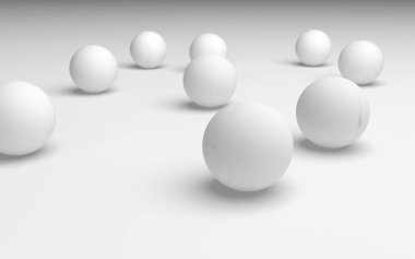 Beyaz soyut arka plan. Beyaz toplar beyaz arka planda izole edilmiş. 3B illüstrasyon