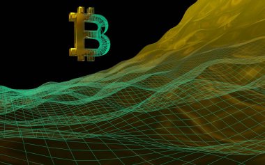 Soyut karanlık arka planda dijital para birimi, altın sembolü Bitcoin. Kripto para piyasasının büyümesi. İş, finans ve teknoloji konsepti. 3d illüstrasyon