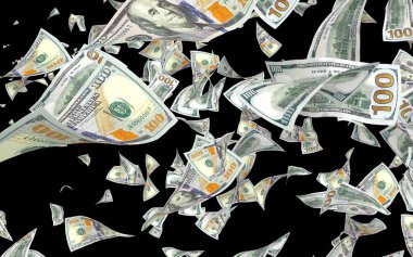 Dolar banknotlar uçan koyu arka plan üzerinde izole. Para havada uçuyor. 100 ABD banknotlar yeni örnek. 3D çizim