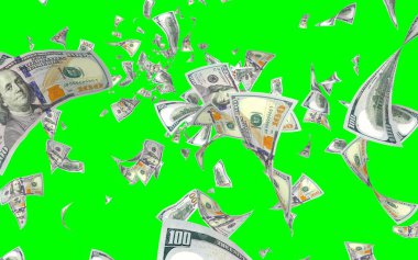 Kromakeyle izole edilmiş uçan dolar banknotları. Havada para uçuyor. 100 Amerikan doları yeni numune alıyor. 3B illüstrasyon