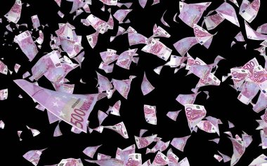 Uçan euro banknotlar karanlık bir arka plan üzerinde izole. Havada para uçuşuyor. 500 Euro renkli. 3d illüstrasyon