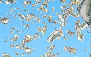 Uçan dolar banknotlar mavi bir arka plan üzerinde izole. Havada para uçuşuyor. 100 Abd banknotlar yeni örnek. 3d illüstrasyon