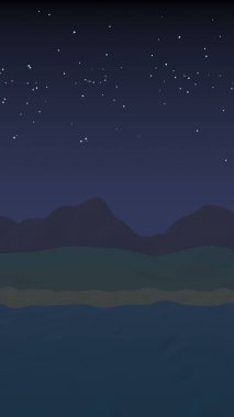 Yıldızlı aysız gökyüzü. Sahilde dalgalarla okyanus kıyısı. Dalgalar ile Ada plaj cenneti. Tatil, yaz, rahatlama. Deniz manzarası, deniz kıyısı. Minimalist manzara, ilkellik. 3d illüstrasyon