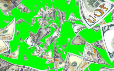 Kromakeyle izole edilmiş uçan dolar banknotları. Havada para uçuyor. 100 Amerikan doları yeni numune alıyor. 3B illüstrasyon