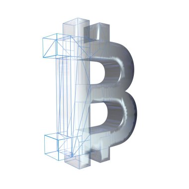 Bitcoin işareti, platin veya gümüş beyaz bir arka plan üzerinde mavi bir ızgara dönüşür. 3d illüstrasyon