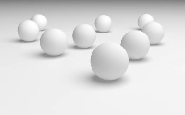 Beyaz soyut arka plan. Beyaz toplar beyaz arka planda izole edilmiş. 3B illüstrasyon