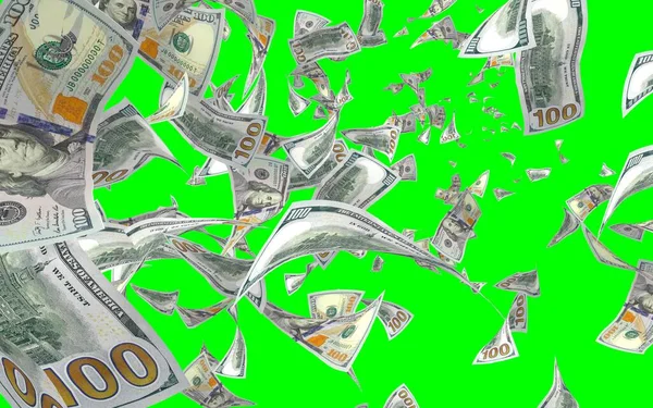 Banconote Dollari Volanti Isolate Chromakey Soldi Volano Aria 100 Banconote — Foto Stock