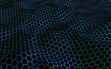 Petek mavi dalga etkisi koyu bir arka plan üzerinde. Çokgen in perspektif görünümü petek gibi görünüyor. Biyometrik geometri. 3d illüstrasyon