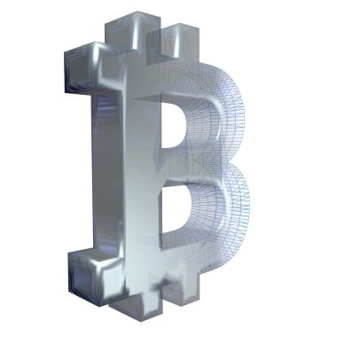 Bitcoin işareti, platin veya gümüş beyaz bir arka plan üzerinde mavi bir ızgara dönüşür. 3d illüstrasyon