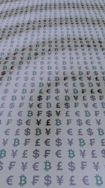 Gri arka planda Bitcoin ve para birimi. Dijital kripto para birimi sembolü. İş konsepti. Piyasa görüntüsü. 3B illüstrasyon