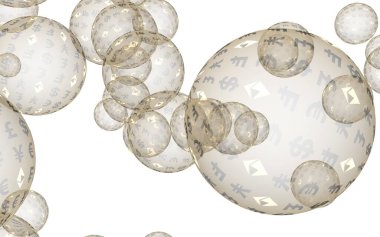 Ethereum ekonomik mali balonu. kripto para birimi 3d illüstrasyon. İş konsepti. Beyaz arka planda altın kabarcıklar