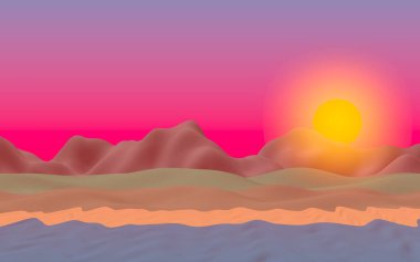 Sun Sea Beach. Sunrise. Sahilde dalgalarla okyanus kıyısı. Dalgalar ile Ada plaj cenneti. Tatil, yaz, rahatlama. Deniz manzarası, deniz kıyısı. Minimalist manzara, ilkellik. 3d illüstrasyon