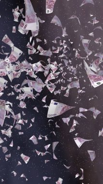Uzay yıldızlı arka planda euro banknotları uçurmak. Uzayda para uçuyor. 500 EURO renkli. Dikey oryantasyon. 3B illüstrasyon