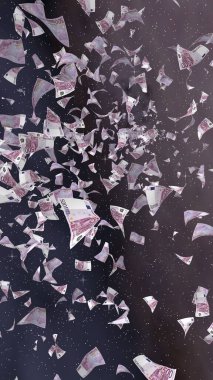 Uzay yıldızlı arka planda euro banknotları uçurmak. Uzayda para uçuyor. 500 EURO renkli. Dikey oryantasyon. 3B illüstrasyon