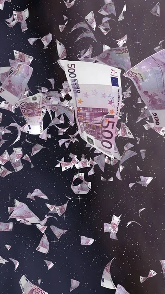 在外太空星光灿烂的背景上飞行的欧元钞票 在外层空间飞行的钱 500欧元的颜色 垂直方向 3D插图 — 图库照片