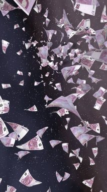 Uzay yıldızlı arka planda euro banknotları uçurmak. Uzayda para uçuyor. 500 EURO renkli. Dikey oryantasyon. 3B illüstrasyon