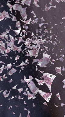 Uzay yıldızlı arka planda euro banknotları uçurmak. Uzayda para uçuyor. 500 EURO renkli. Dikey oryantasyon. 3B illüstrasyon