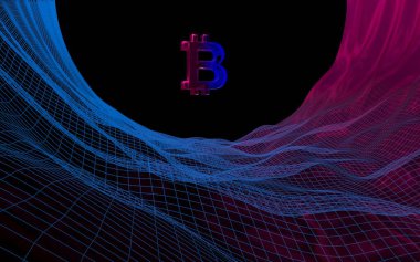 Soyut karanlık arka planda dijital para birimi sembolü Bitcoin. Kripto para piyasasının büyümesi. İş, finans ve teknoloji konsepti. 3d illüstrasyon