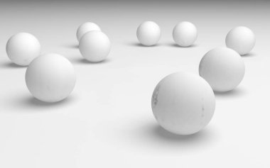 Beyaz soyut arka plan. Beyaz toplar beyaz arka planda izole edilmiş. 3B illüstrasyon