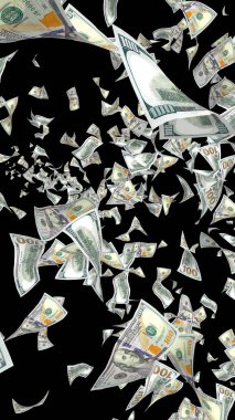 Dolar banknotlar uçan koyu arka plan üzerinde izole. Para havada uçuyor. 100 ABD banknotlar yeni örnek. 3D çizim