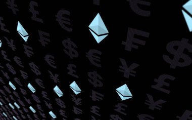 Ethereum kristal ve para karanlık bir arka plan üzerinde. Dijital kripto para birimi sembolü. İş konsepti. Piyasa Ekranı. 3d illüstrasyon