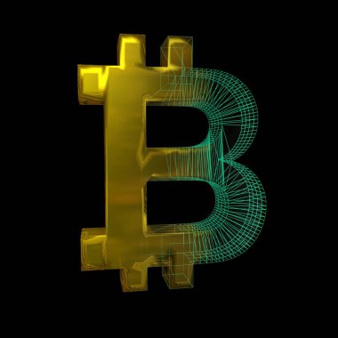 Bitcoin işareti, yeşil şebeke siyah arka planda altına dönüşür. 3B illüstrasyon