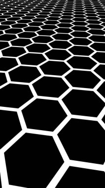 Siyah arka plan üzerinde beyaz petek. Çokgen in perspektif görünümü petek gibi görünüyor. Biyometrik geometri. 3d illüstrasyon