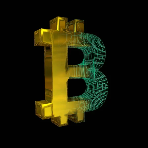 Signo Bitcoin Cuadrícula Verde Convierte Oro Sobre Fondo Negro Ilustración — Foto de Stock