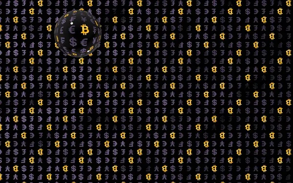 Bitcoin Och Valuta Mörk Bakgrund Digital Krypto Symbol Valuta Bubbla — Stockfoto