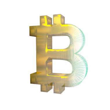 Bitcoin işareti, yeşil şebeke beyaz arka planda altına dönüşür. 3B illüstrasyon