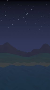 Yıldızlı aysız gökyüzü. Sahilde dalgalarla okyanus kıyısı. Dalgalar ile Ada plaj cenneti. Tatil, yaz, rahatlama. Deniz manzarası, deniz kıyısı. Minimalist manzara, ilkellik. 3d illüstrasyon