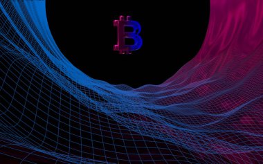 Soyut karanlık arka planda dijital para birimi sembolü Bitcoin. Kripto para piyasasının büyümesi. İş, finans ve teknoloji konsepti. 3d illüstrasyon