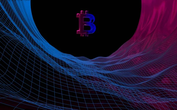 Soyut karanlık arka planda dijital para birimi sembolü Bitcoin. Kripto para piyasasının büyümesi. İş, finans ve teknoloji konsepti. 3d illüstrasyon