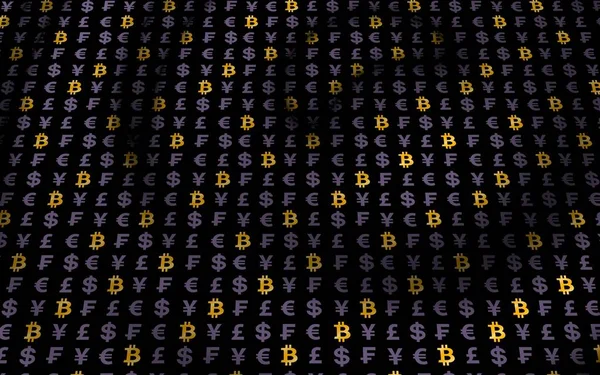 Bitcoin Und Währung Auf Dunklem Hintergrund Symbol Für Die Digitale — Stockfoto