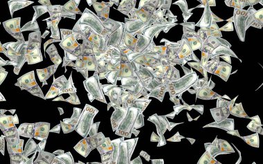 Dolar banknotlar uçan koyu arka plan üzerinde izole. Para havada uçuyor. 100 ABD banknotlar yeni örnek. 3D çizim