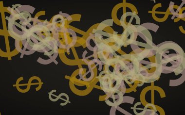 Koyu arka planda çok renkli yarı saydam dolar işaretleri. 3d illüstrasyon