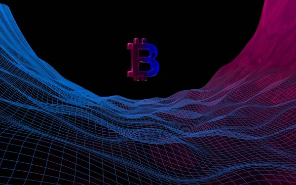 Soyut karanlık arka planda dijital para birimi sembolü Bitcoin. Kripto para piyasasının büyümesi. İş, finans ve teknoloji konsepti. 3d illüstrasyon