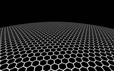 Koyu arkaplanda koyu bir bal peteği. Çokgenin perspektif görüntüsü bal peteğine benziyor. Top, gezegen, ağ, bal peteği ve hücrelerle kaplı. 3B illüstrasyon