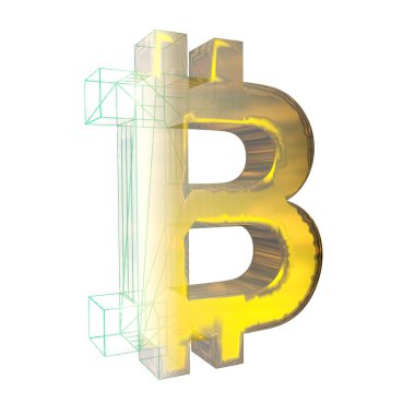 Bitcoin işareti, yeşil şebeke beyaz arka planda altına dönüşür. 3B illüstrasyon